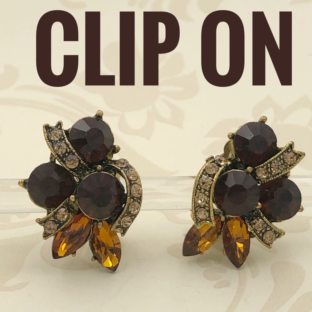 Brown Rhinestone Abstract Clip On Earrings